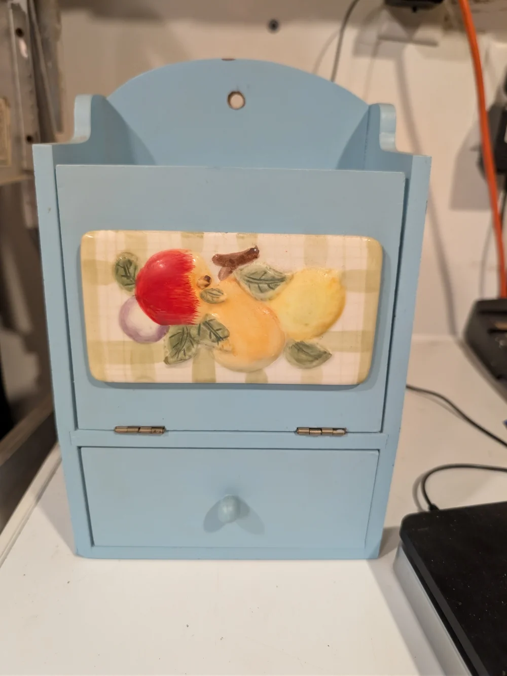 Blue Wooden Fruit Accent Wall Organizer with Drawer Vintage Cottage Core Mcm